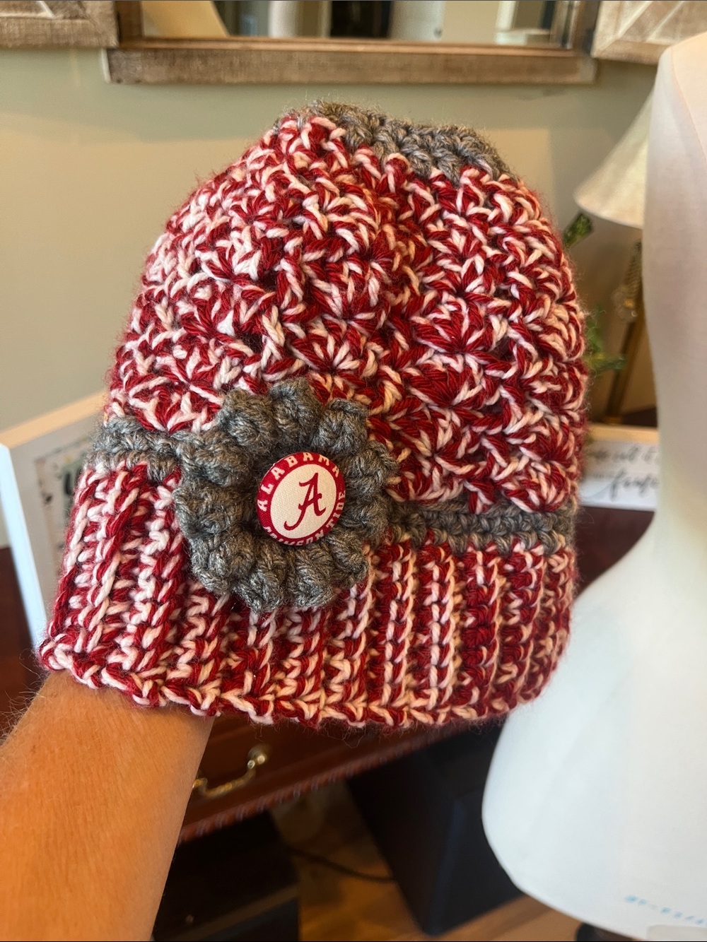 University of Alabama Kids Red & Gray Crochet Beanie Handmade
